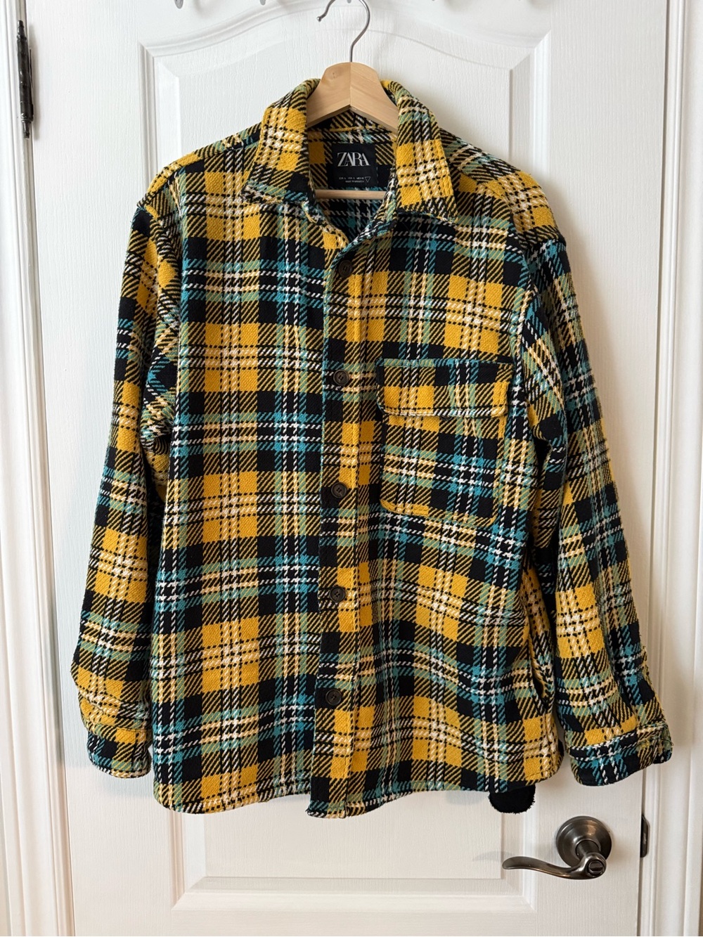 Zara Yellow Black Plaid Button-Down Shirt Jacket with Teal Accents